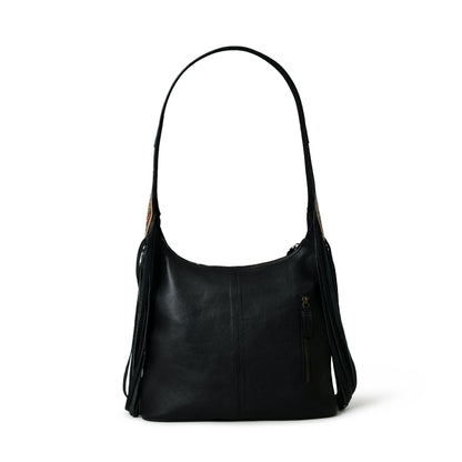 MOUSM Genuine Cowhide Leather Shoulder Bag for Women - Colorful Bull Head Print Patch on Real Hair-On  Cow Hide Front with Long Black Leather Fringe Both Sides, High-Quality Zipper Closure