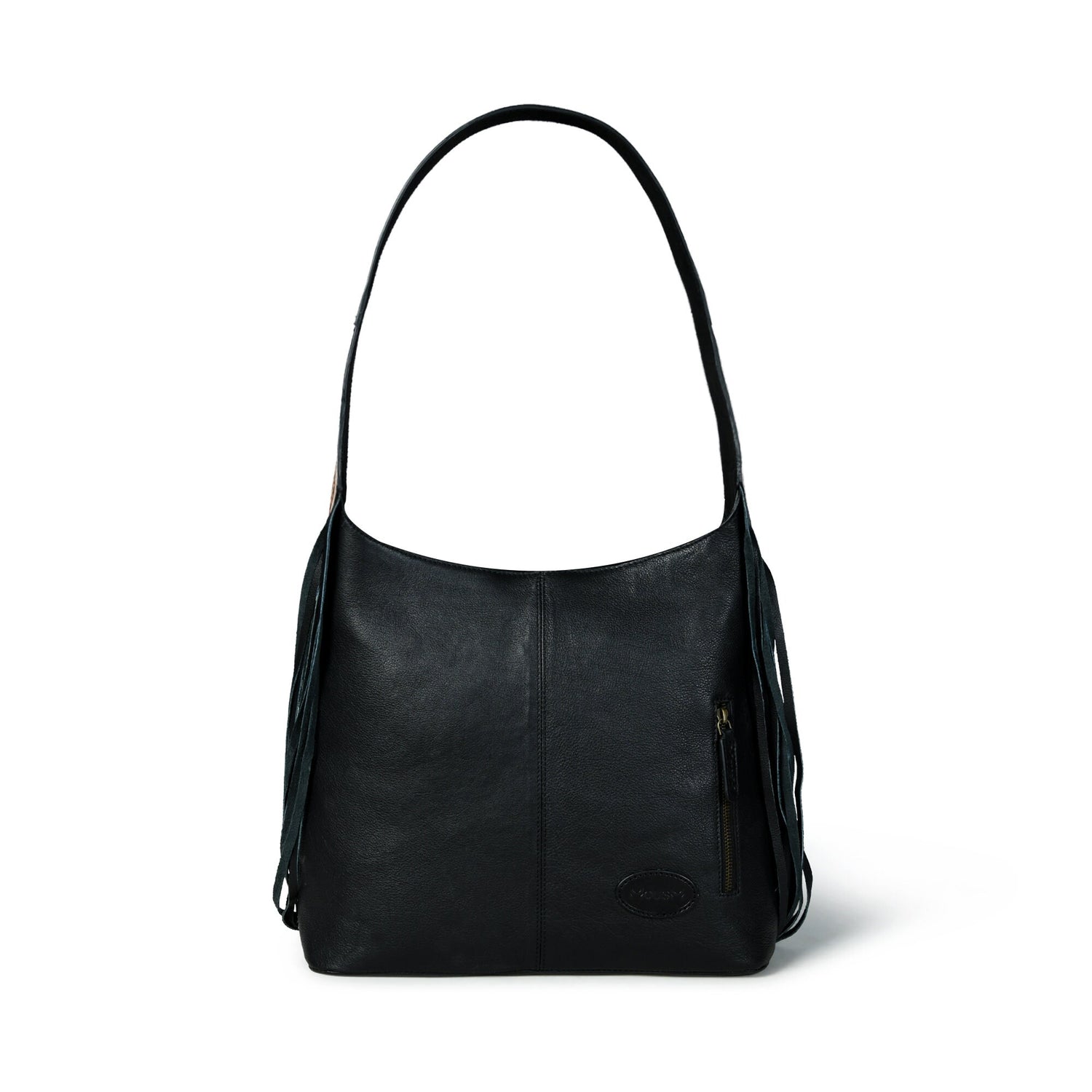 MOUSM Genuine Cowhide Leather Shoulder Bag for Women - Colorful Deer Print Patch on Real Hair-On  Cow Hide Front with Long Black Leather Fringe Both Sides, High-Quality Zipper Closure