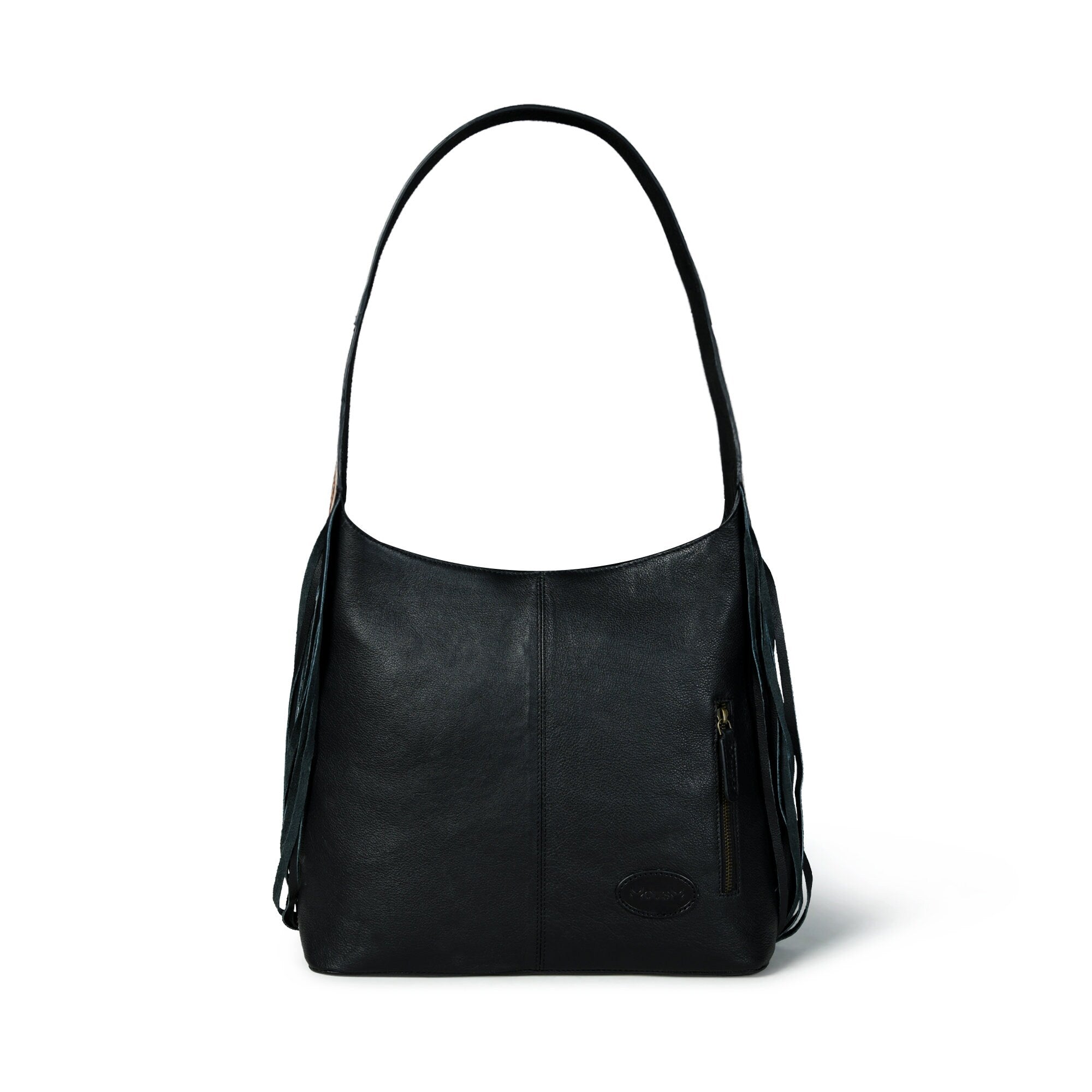 MOUSM Genuine Cowhide Leather Shoulder Bag for Women - Colorful Deer Print Patch on Real Hair-On  Cow Hide Front with Long Black Leather Fringe Both Sides, High-Quality Zipper Closure