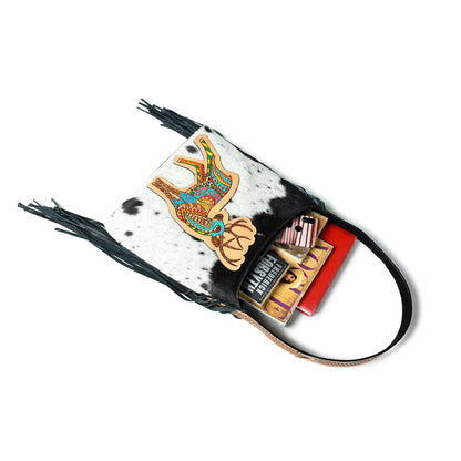 MOUSM Genuine Cowhide Leather Shoulder Bag for Women - Colorful Deer Print Patch on Real Hair-On  Cow Hide Front with Long Black Leather Fringe Both Sides, High-Quality Zipper Closure