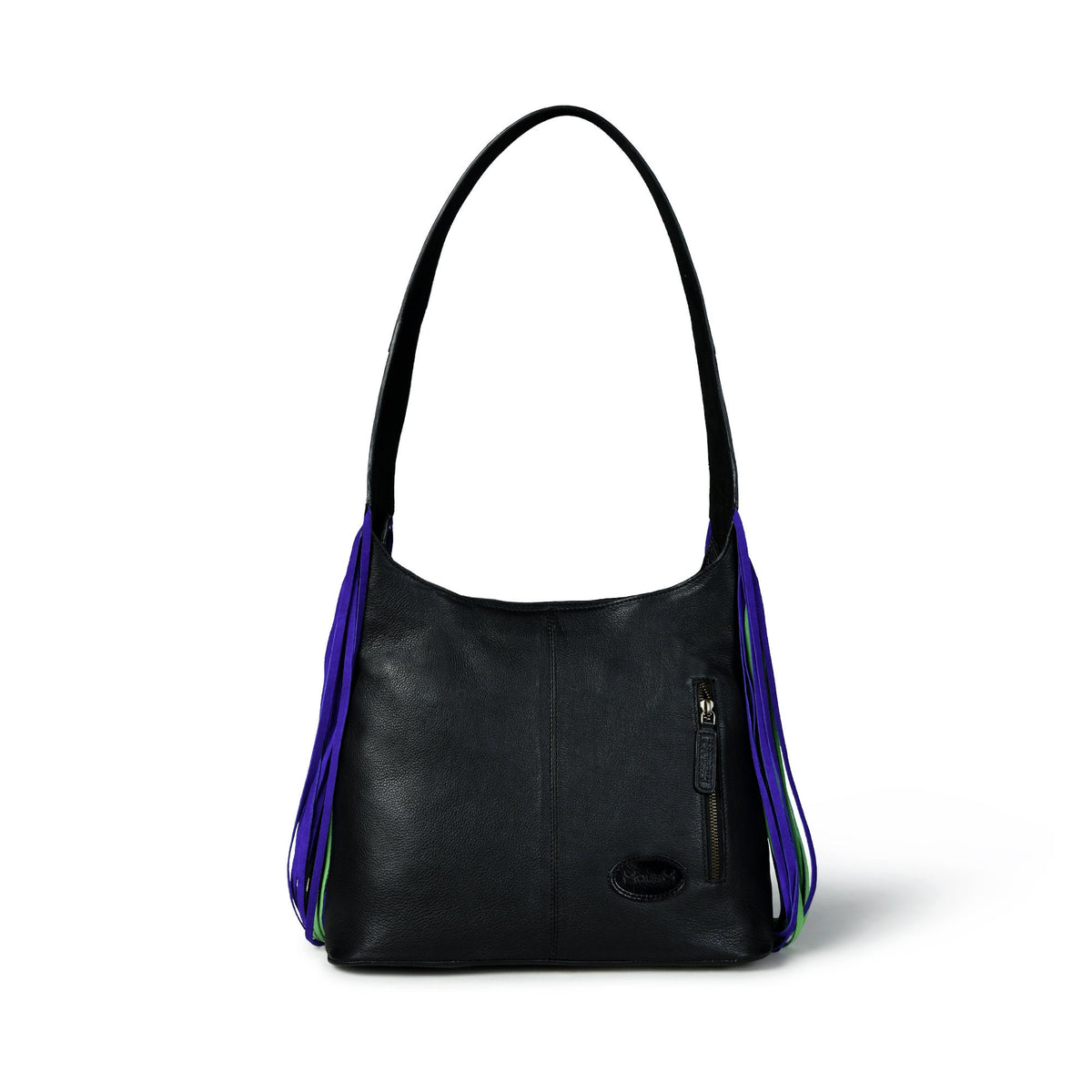 MOUSM Genuine Cowhide Leather Shoulder Bag - Ladies Bag with Beautiful Peacock Patch on Real Hair-On Cow Hide Front &amp; Long Navy Blue and Green Fringe on Both Sides, High-Quality Zipper Closure