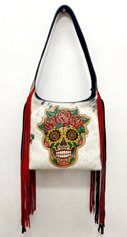 MOUSM Genuine Cow Hide Leather Shoulder Bag for Women - Decorated with Hand-Painted Sugar- Skull Leather Patch on Real Hair-On Cow Hide Front with Red-Black Fringe, High-Quality Zipper Closure