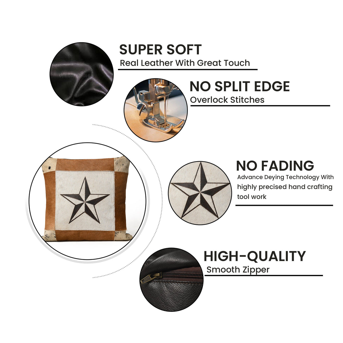 MOUSM Real Cowhide Leather Cushion Cover – 18x18 Inches Hair-On Leather Pillow Cover with Center-Printed Star Design – Designer Throw Pillow Case for Sofa, Couch, Living Room &amp; Bedroom