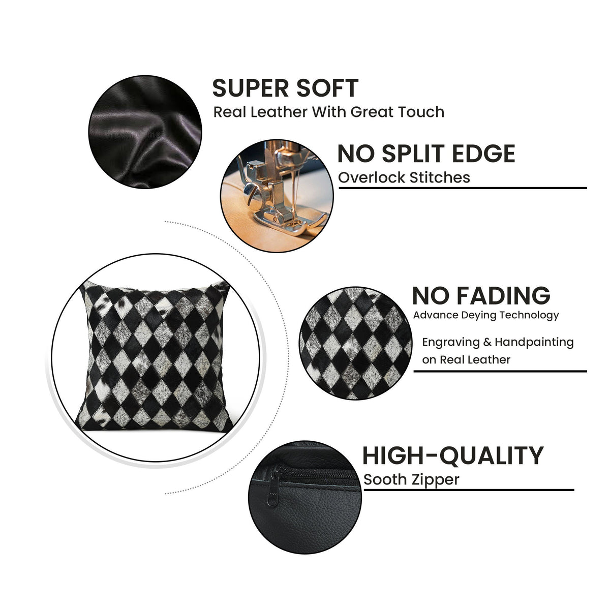 MOUSM Real Cowhide Leather Cushion Cover – 18x18 Inch Hair-On Decorative Pillow Cover with Black Criss-Cross Pattern – Designer Throw Pillow Case for Sofa, Couch, Living Room &amp; Bedroom
