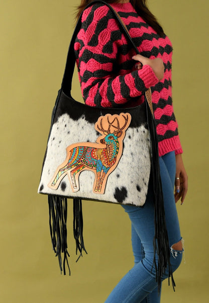 MOUSM Genuine Cowhide Leather Shoulder Bag for Women - Colorful Deer Print Patch on Real Hair-On  Cow Hide Front with Long Black Leather Fringe Both Sides, High-Quality Zipper Closure