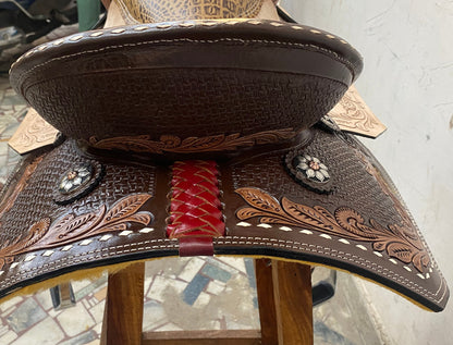 Western Saddle tack, Real handcrafted on real genuine Leather, Barrel Saddle for Horse Riders with alligator look fancy conchos by MOUSM