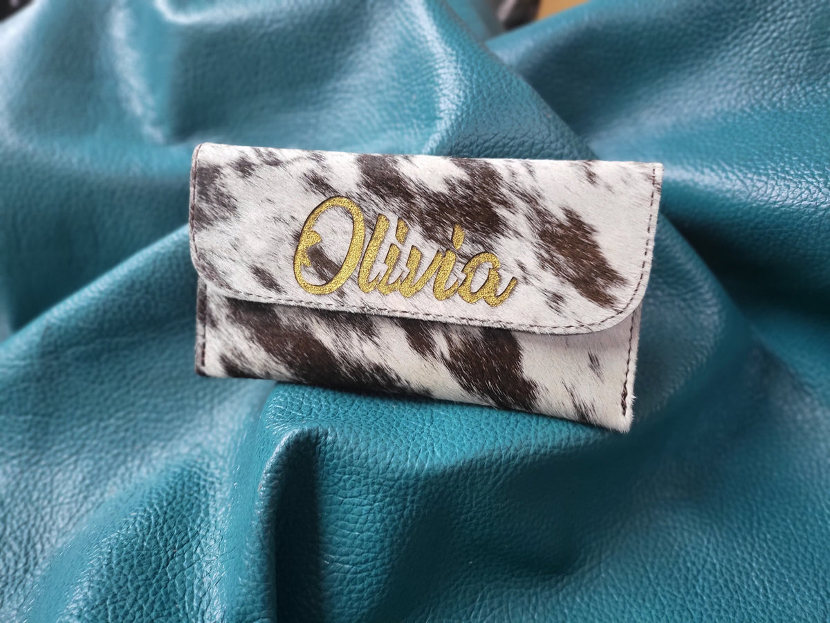 MOUSM Personalized Name Ladies Clutch Bag Made from Natural Hair-On Cowhide Leather, Handmade Leather Wallet for Party &amp; Evening with Two Magnetic Snap Closure Buttons