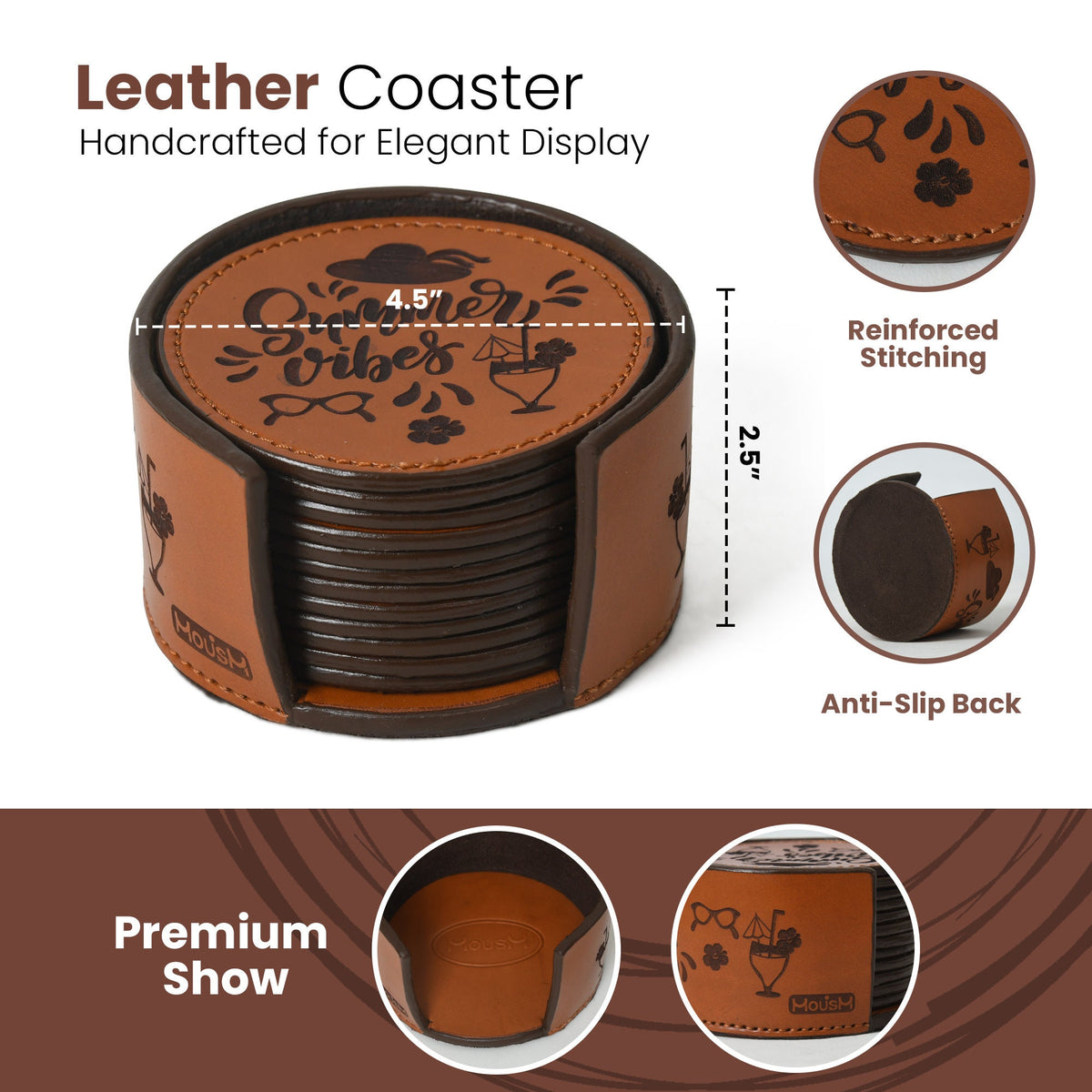 MOUSM Genuine Leather Coaster Set with Holder | Bar Decor | Drinking Mats | Coffe Mug Coaster | Leather Coasters | 12 Coasters Set "