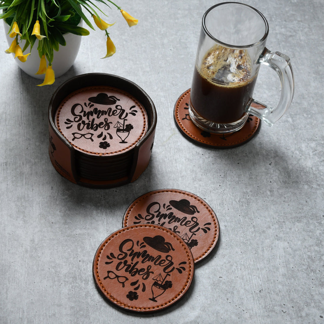 MOUSM Genuine Leather Coaster Set with Holder | Bar Decor | Drinking Mats | Coffe Mug Coaster | Leather Coasters | 12 Coasters Set &quot;