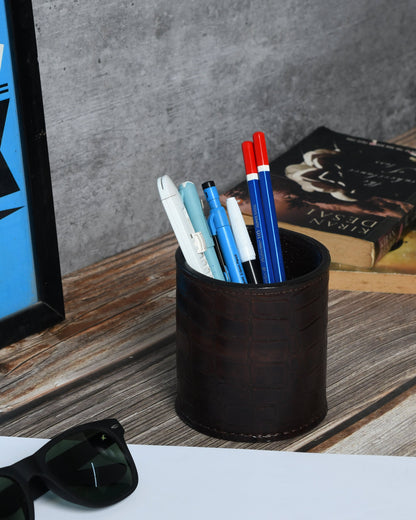 MOUSM Round Pencil Cup - Hand Stitched Leather - Solid Brown Leather Pen Holder