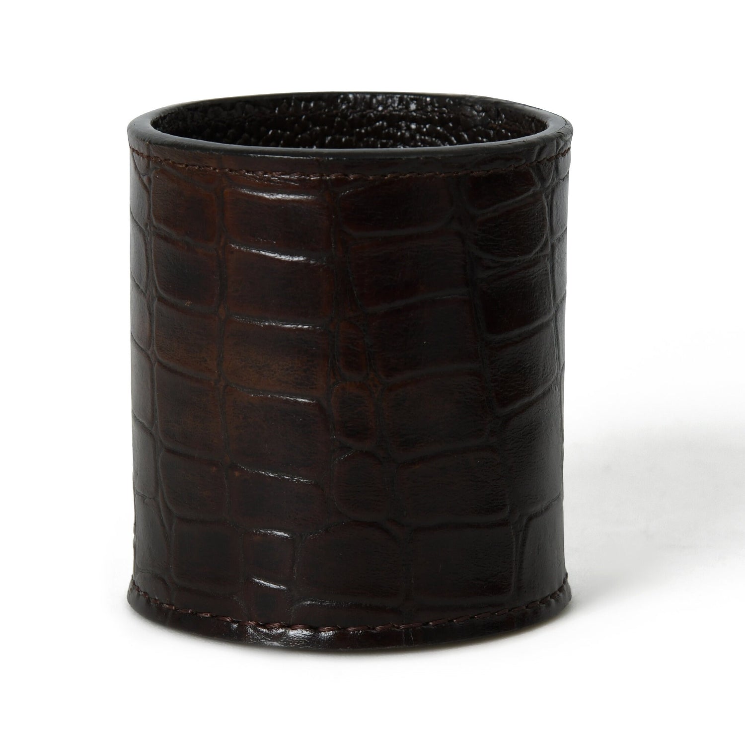 MOUSM Round Pencil Cup - Hand Stitched Leather - Solid Brown Leather Pen Holder