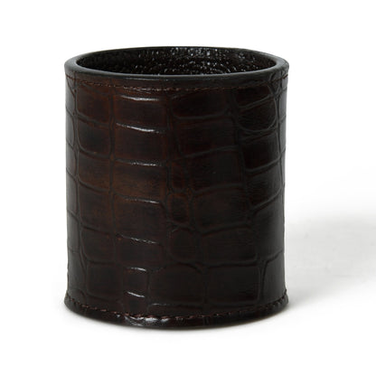 MOUSM Round Pencil Cup - Hand Stitched Leather - Solid Brown Leather Pen Holder