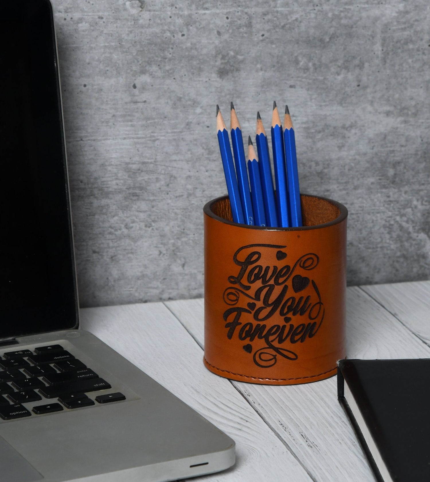 MOUSM Tan Brown Leather Pen Holder, Round Shape Tool Organizer - Employee Gift - Valentine&