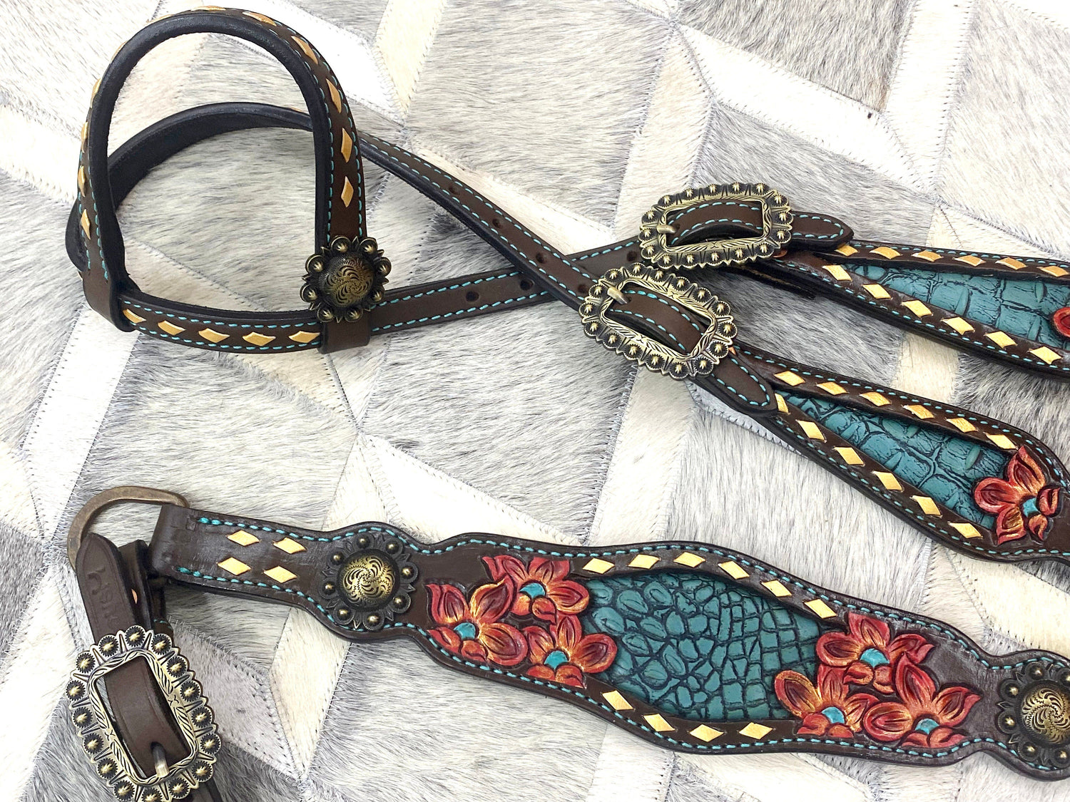 MOUSM Western Horse Tack Set - Made with Argentina Cow leather, Headstall &amp; Breast Collar Set Decorated with Hand-Carved &amp; Painted Floral Design, Buckles with Turquoise Stones, and Turquoise Leather Inlay
