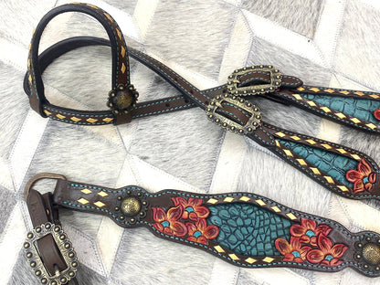 MOUSM Western Horse Tack Set - Made with Argentina Cow leather, Headstall &amp; Breast Collar Set Decorated with Hand-Carved &amp; Painted Floral Design, Buckles with Turquoise Stones, and Turquoise Leather Inlay