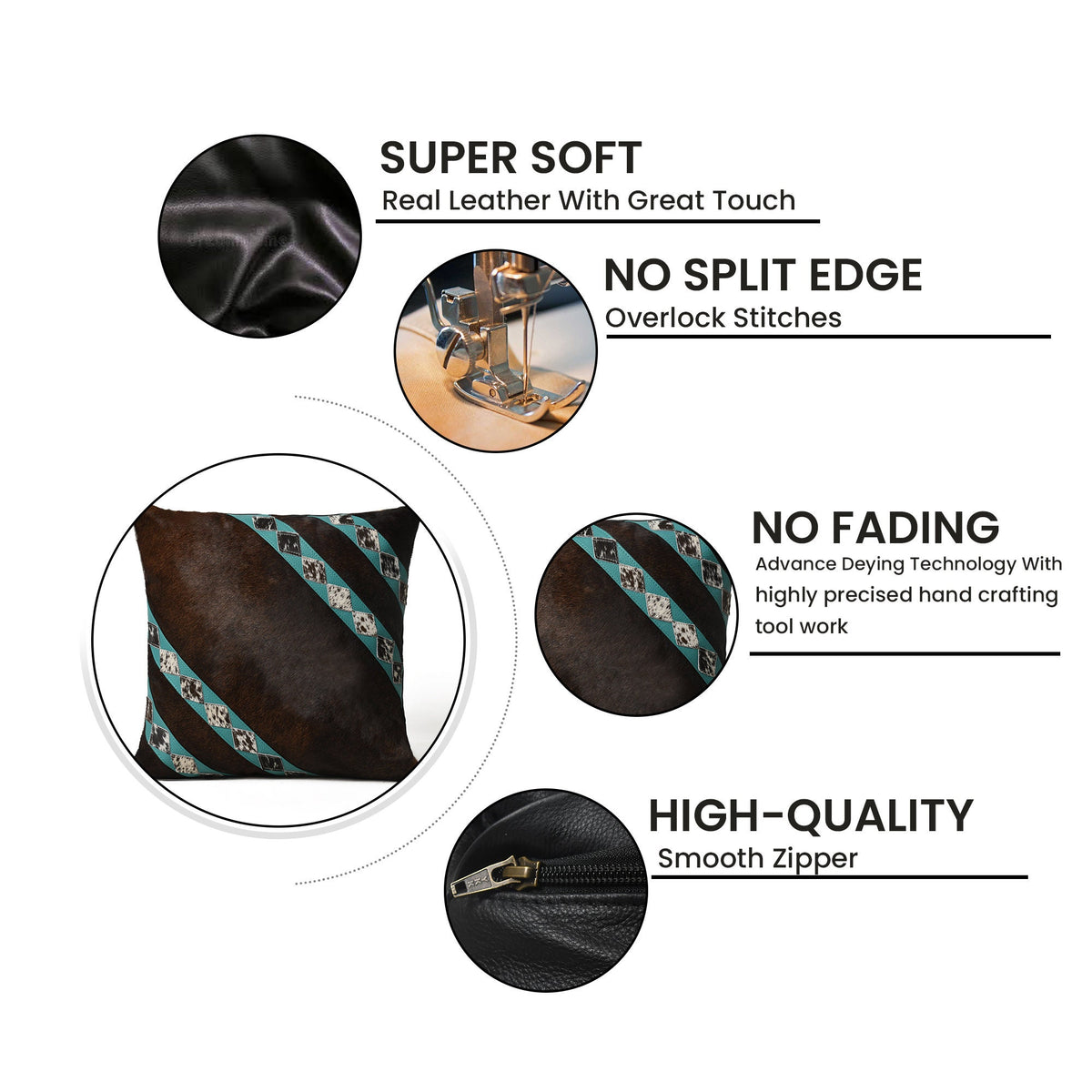 MOUSM Real Cowhide Leather Cushion Cover – 18x18 Inches Hair-On Brown Leather Pillow Cover with Turquoise Corner Stripes Patch and Natural Cowhide Stitched Over the Strips – Designer Throw Pillow Case for Sofa, Couch, Living Room &amp; Bedroom