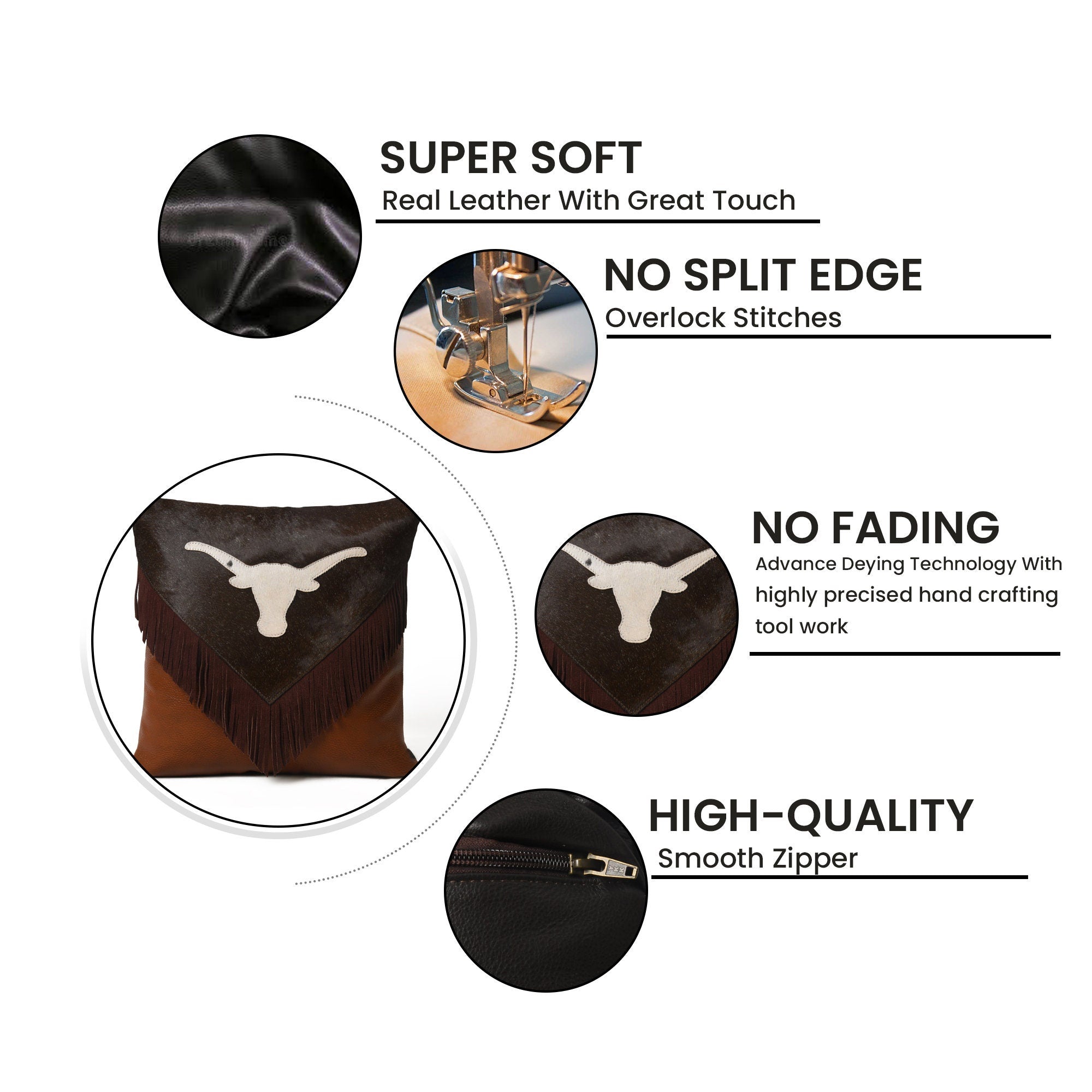 MOUSM Handcrafted Leather Cushion Covers for a Luxurious Home. Brown HairOn Leather with White Cowhide Bull head and sweat fringe Pillow.