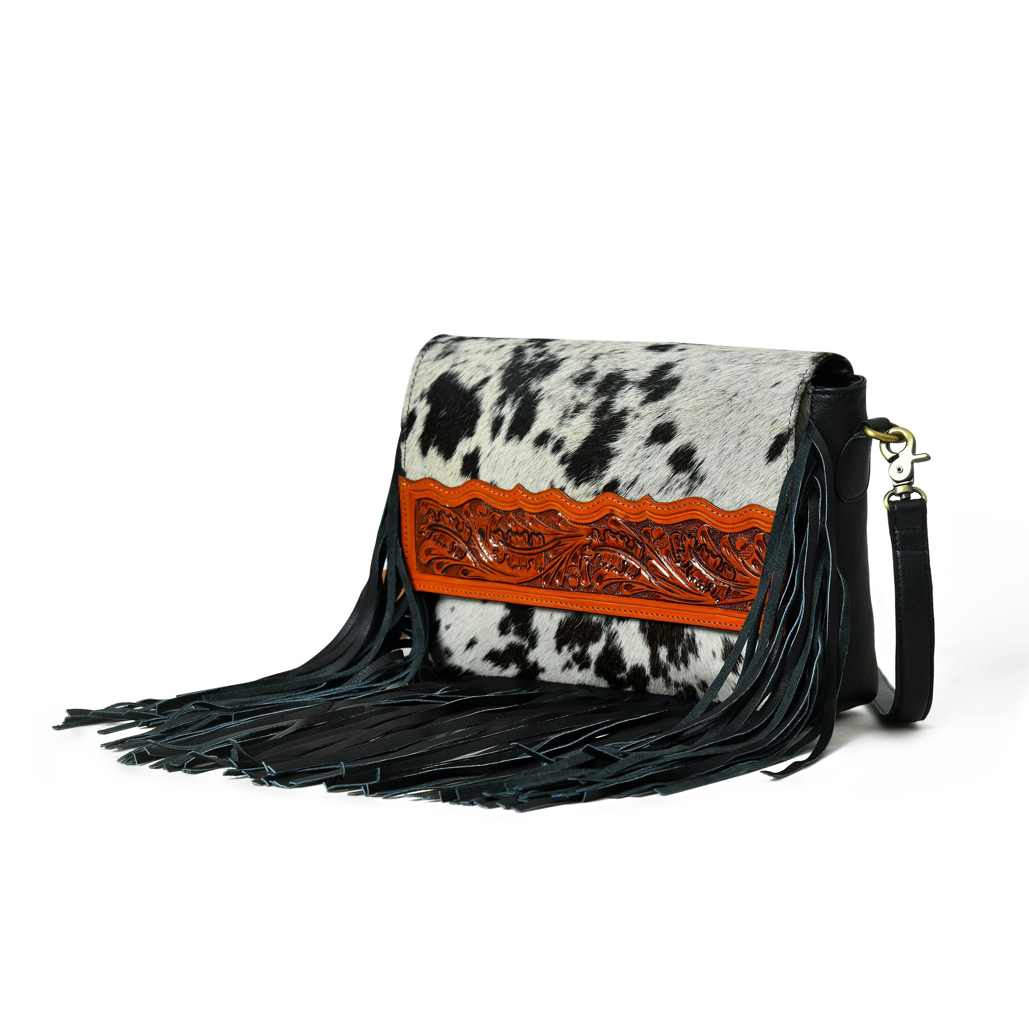 MOUSM Genuine Hair-On Cow Hide Leather Crossbody Bag - Leather Purse for Women with Hand-Tooled Leather Patch with Long Black Fringe Bag, High-Quality Zipper Closure with Removable and Adjustable Strap