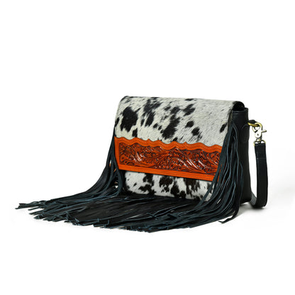 MOUSM Genuine Hair-On Cow Hide Leather Crossbody Bag - Leather Purse for Women with Hand-Tooled Leather Patch with Long Black Fringe Bag, High-Quality Zipper Closure with Removable and Adjustable Strap