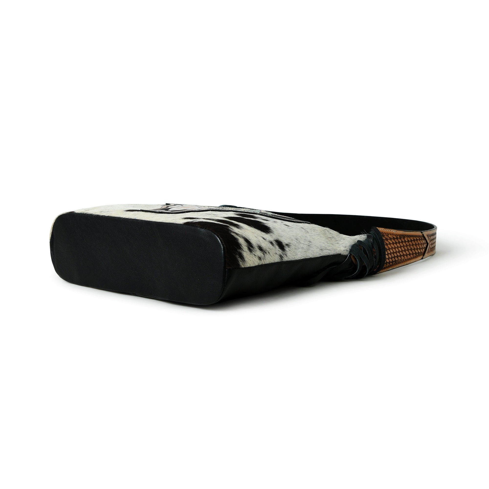 MOUSM Genuine Cowhide Leather Shoulder Bag for Women - Colorful Bull Head Print Patch on Real Hair-On  Cow Hide Front with Long Black Leather Fringe Both Sides, High-Quality Zipper Closure