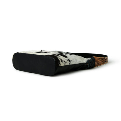 MOUSM Genuine Cowhide Leather Shoulder Bag for Women - Colorful Bull Head Print Patch on Real Hair-On  Cow Hide Front with Long Black Leather Fringe Both Sides, High-Quality Zipper Closure