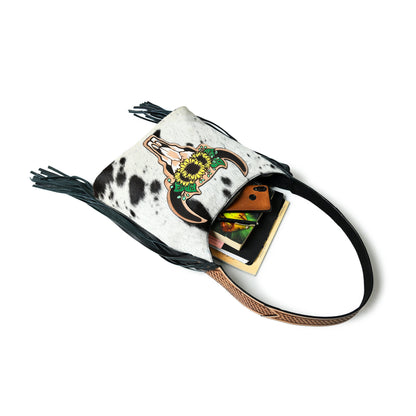 MOUSM Genuine Cowhide Leather Shoulder Bag for Women - Colorful Bull Head Print Patch on Real Hair-On  Cow Hide Front with Long Black Leather Fringe Both Sides, High-Quality Zipper Closure