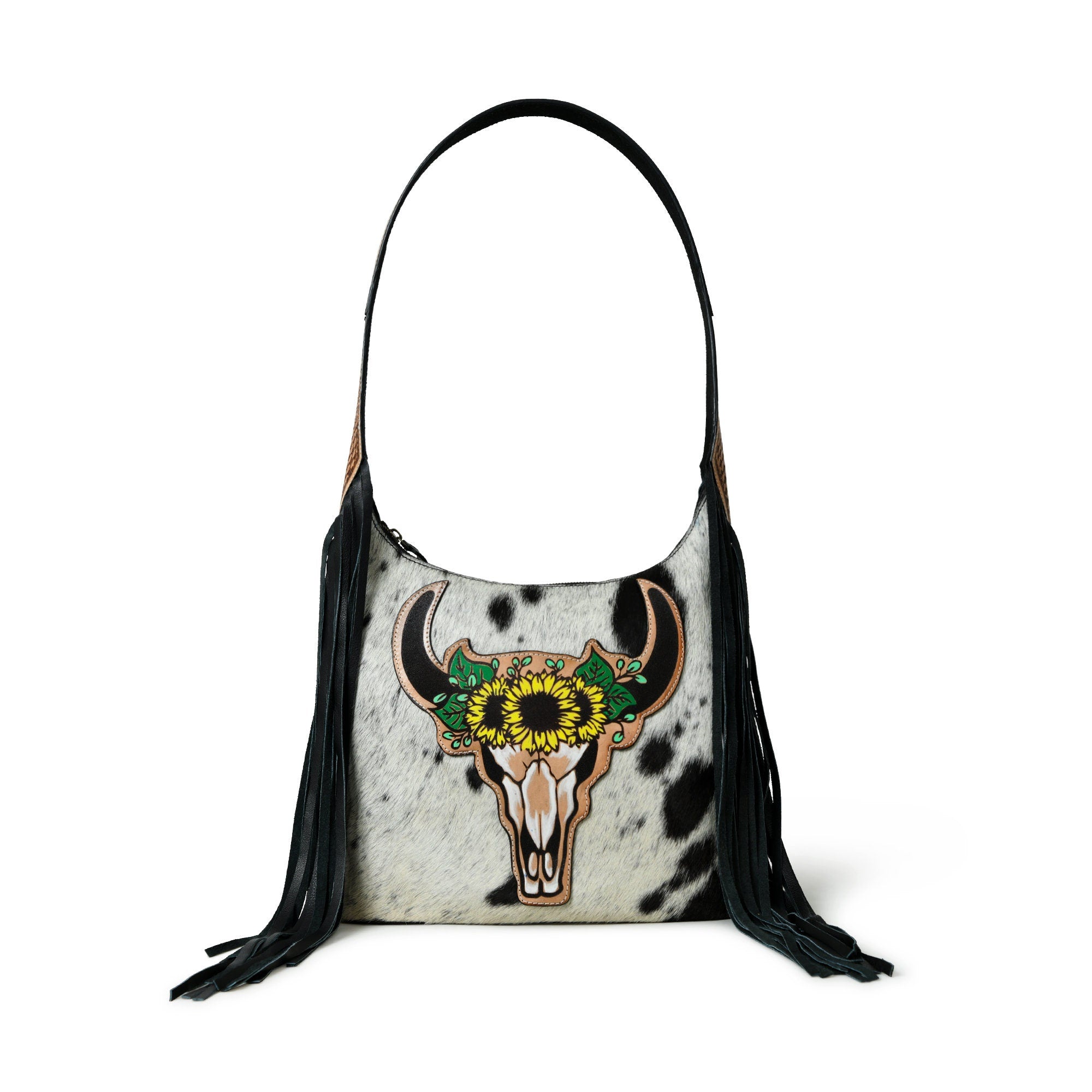 MOUSM Genuine Cowhide Leather Shoulder Bag for Women - Colorful Bull Head Print Patch on Real Hair-On  Cow Hide Front with Long Black Leather Fringe Both Sides, High-Quality Zipper Closure