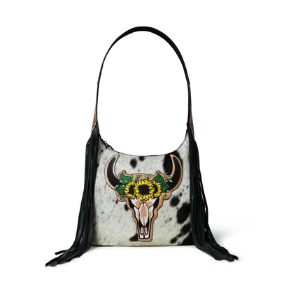 MOUSM Genuine Cowhide Leather Shoulder Bag for Women - Colorful Bull Head Print Patch on Real Hair-On  Cow Hide Front with Long Black Leather Fringe Both Sides, High-Quality Zipper Closure