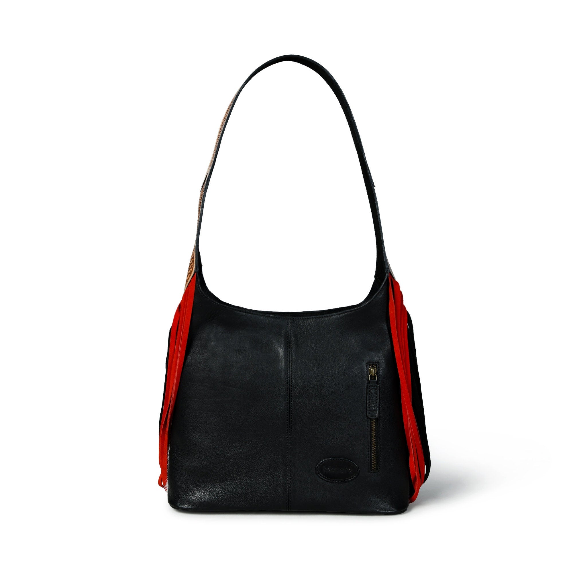 MOUSM Genuine Cow Hide Leather Shoulder Bag for Women - Decorated with Hand-Painted Sugar- Skull Leather Patch on Real Hair-On Cow Hide Front with Red-Black Fringe, High-Quality Zipper Closure
