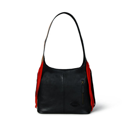 MOUSM Genuine Cow Hide Leather Shoulder Bag for Women - Decorated with Hand-Painted Sugar- Skull Leather Patch on Real Hair-On Cow Hide Front with Red-Black Fringe, High-Quality Zipper Closure