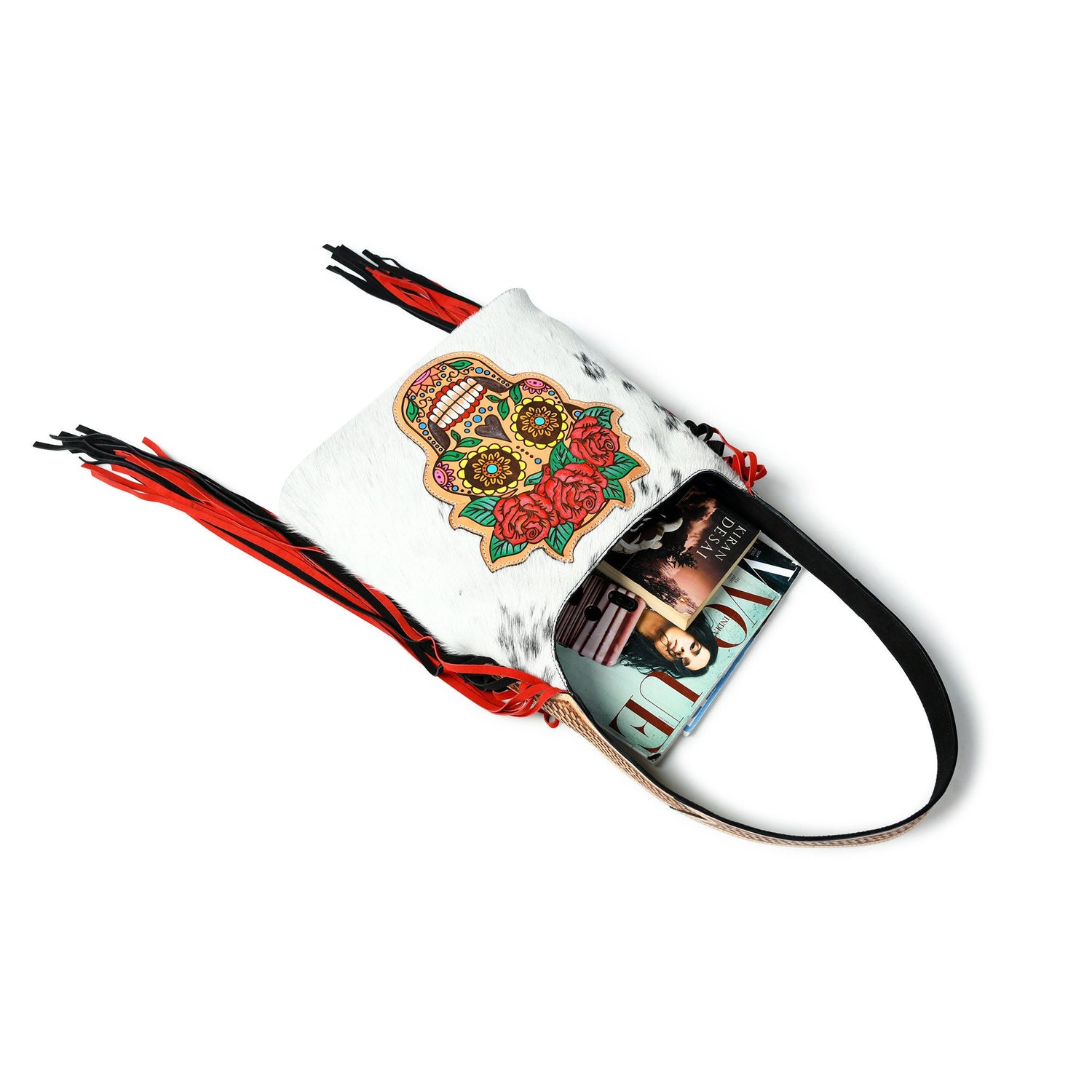 MOUSM Genuine Cow Hide Leather Shoulder Bag for Women - Decorated with Hand-Painted Sugar- Skull Leather Patch on Real Hair-On Cow Hide Front with Red-Black Fringe, High-Quality Zipper Closure