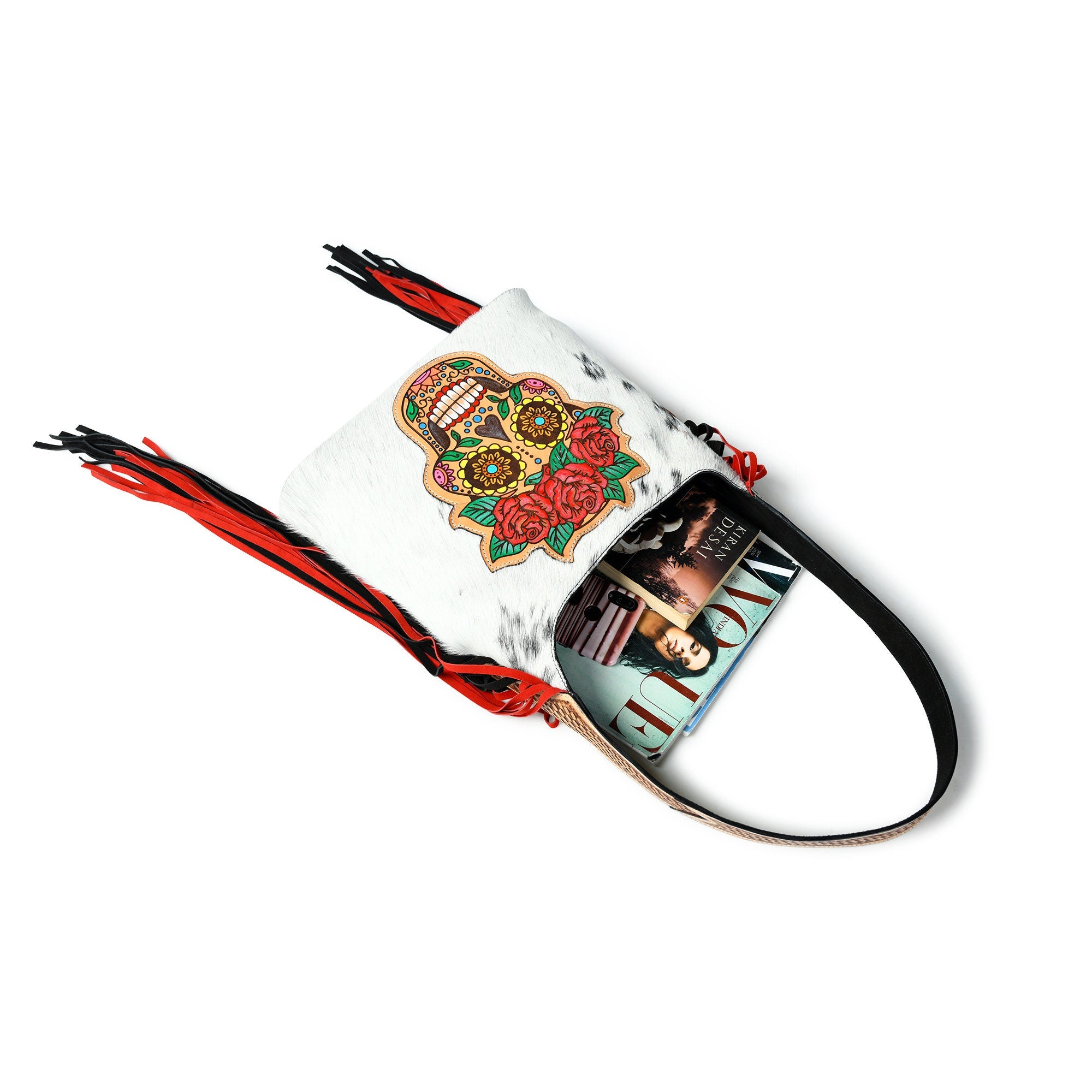 MOUSM Genuine Cow Hide Leather Shoulder Bag for Women - Decorated with Hand-Painted Sugar- Skull Leather Patch on Real Hair-On Cow Hide Front with Red-Black Fringe, High-Quality Zipper Closure