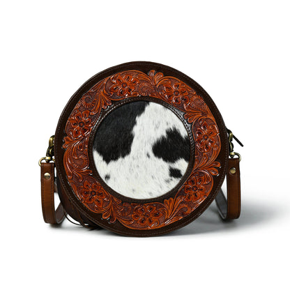 MOUSM Leather Crossbody Bag, Cowhide Crossbody Bag, Round Shape Crossbody Bag, Hard Wax Hair on Leather Purse, Stylish Crossbody Bag