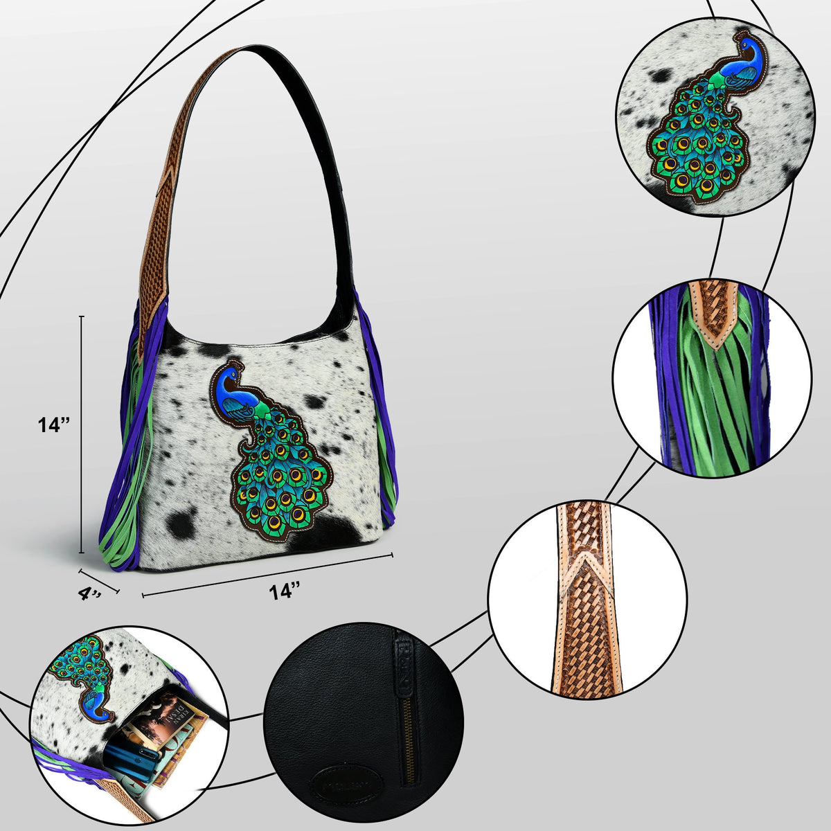 MOUSM Genuine Cowhide Leather Shoulder Bag - Ladies Bag with Beautiful Peacock Patch on Real Hair-On Cow Hide Front &amp; Long Navy Blue and Green Fringe on Both Sides, High-Quality Zipper Closure
