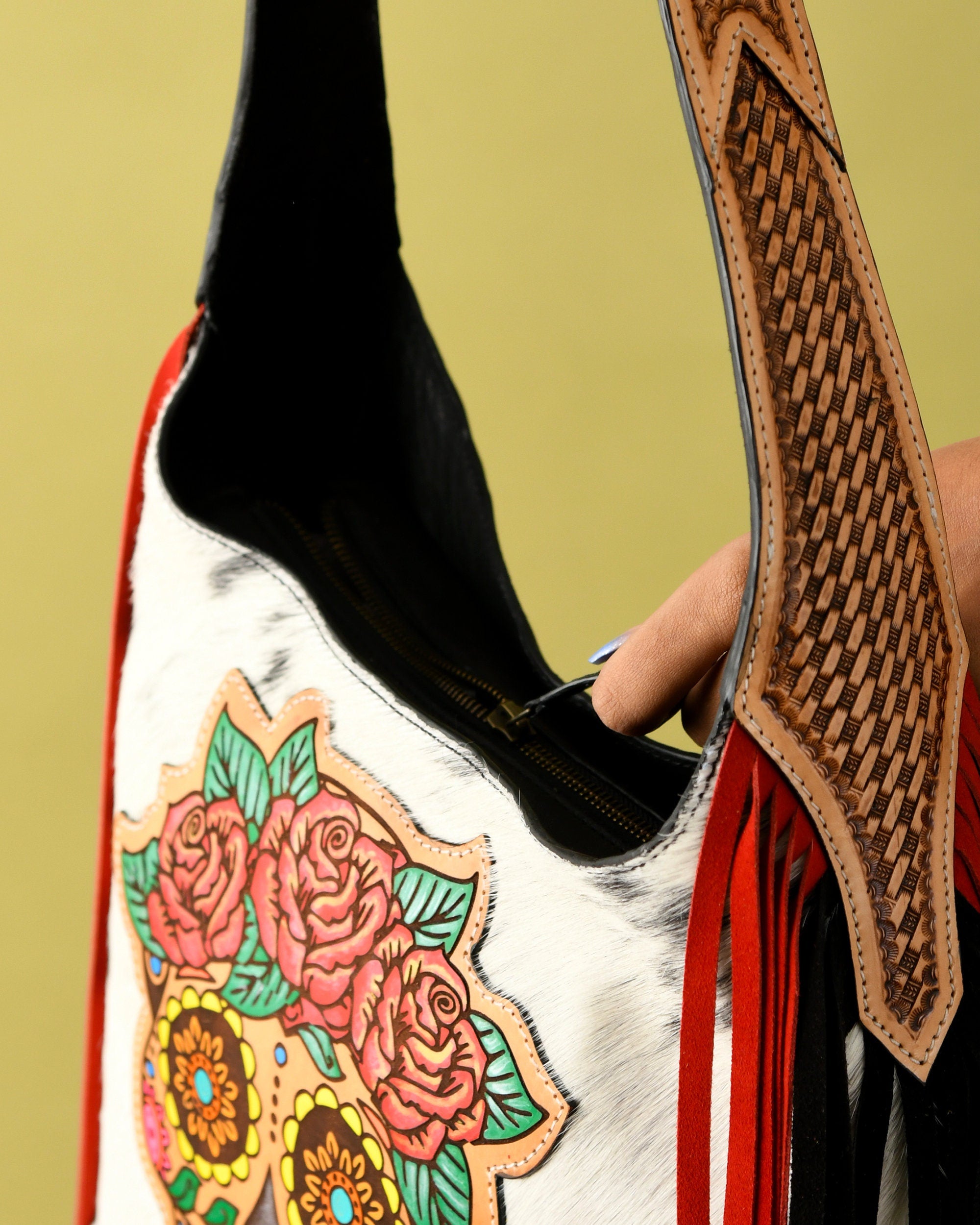 MOUSM Genuine Cow Hide Leather Shoulder Bag for Women - Decorated with Hand-Painted Sugar- Skull Leather Patch on Real Hair-On Cow Hide Front with Red-Black Fringe, High-Quality Zipper Closure