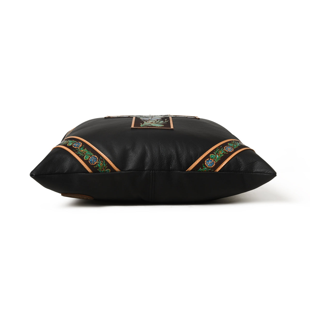 MOUSM Real Cowhide Leather Cushion Cover – 18x18 Inch Black Leather Pillow Cover with Engraved Floral Design on Hand-Painted Turquoise &amp; Green Cross Patch – Designer Throw Pillow Case for Sofa, Couch, Living Room &amp; Bedroom