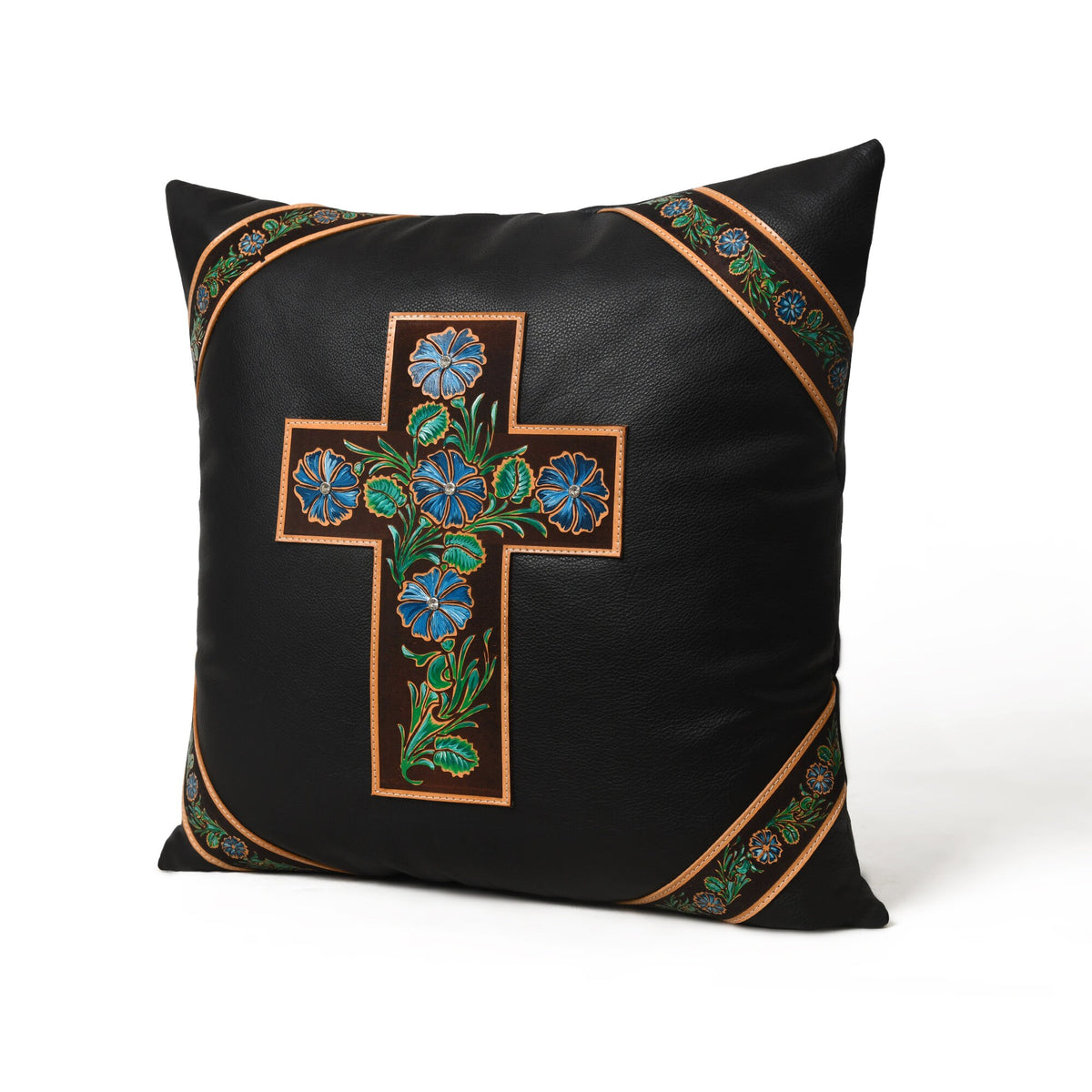 MOUSM Real Cowhide Leather Cushion Cover – 18x18 Inch Black Leather Pillow Cover with Engraved Floral Design on Hand-Painted Turquoise &amp; Green Cross Patch – Designer Throw Pillow Case for Sofa, Couch, Living Room &amp; Bedroom