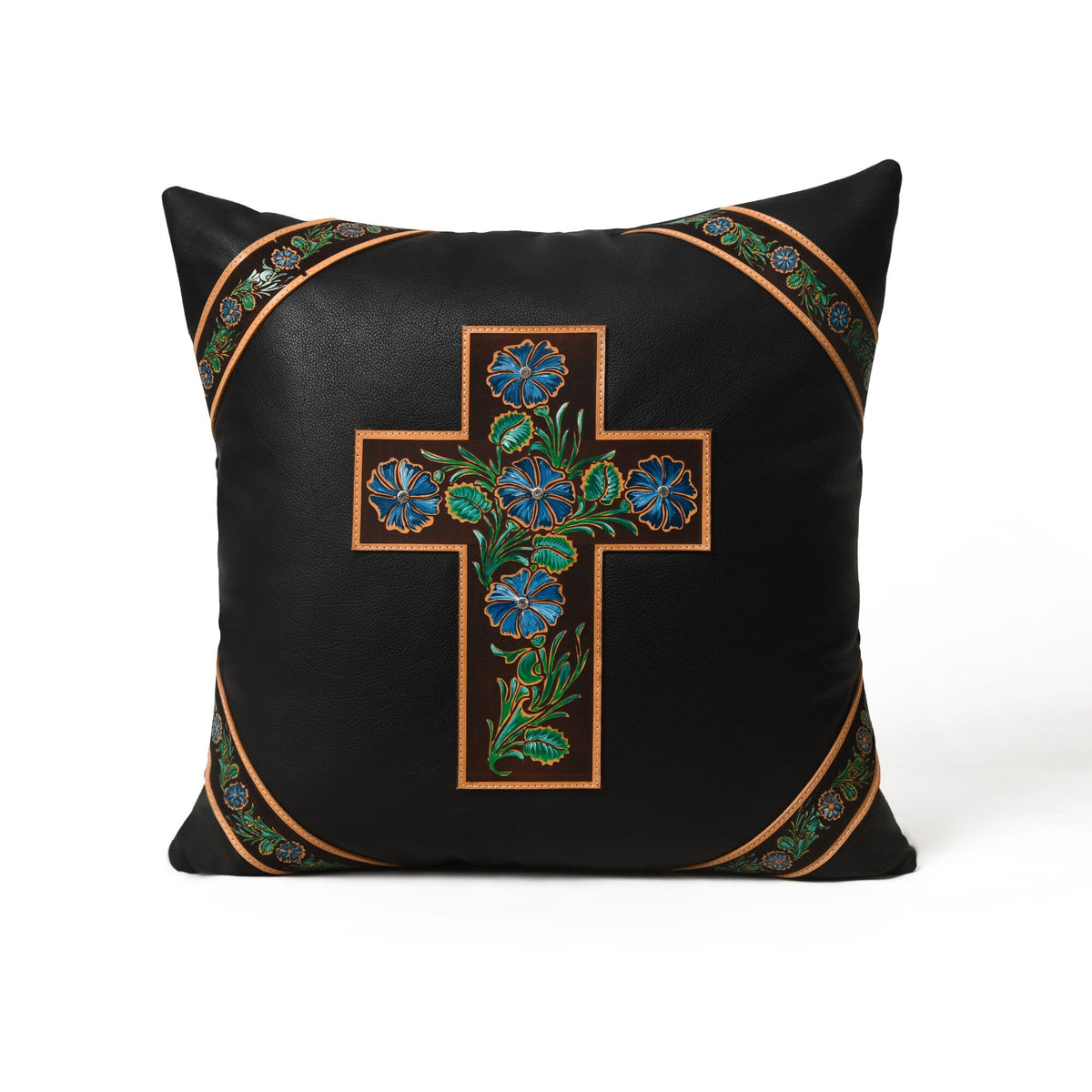 MOUSM Real Cowhide Leather Cushion Cover – 18x18 Inch Black Leather Pillow Cover with Engraved Floral Design on Hand-Painted Turquoise &amp; Green Cross Patch – Designer Throw Pillow Case for Sofa, Couch, Living Room &amp; Bedroom