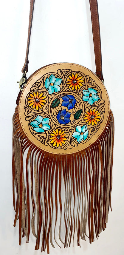 MOUSM Full Grain Cow Hide Leather Crossbody Bag - Small Round Ladies Bag Decorated with Hand-Painted Flower and Leaf Carving with Leather Fringe, High-Quality Zipper Closure with Removable and Adjustable Strap