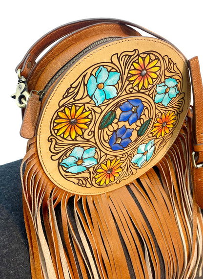 MOUSM Full Grain Cow Hide Leather Crossbody Bag - Small Round Ladies Bag Decorated with Hand-Painted Flower and Leaf Carving with Leather Fringe, High-Quality Zipper Closure with Removable and Adjustable Strap
