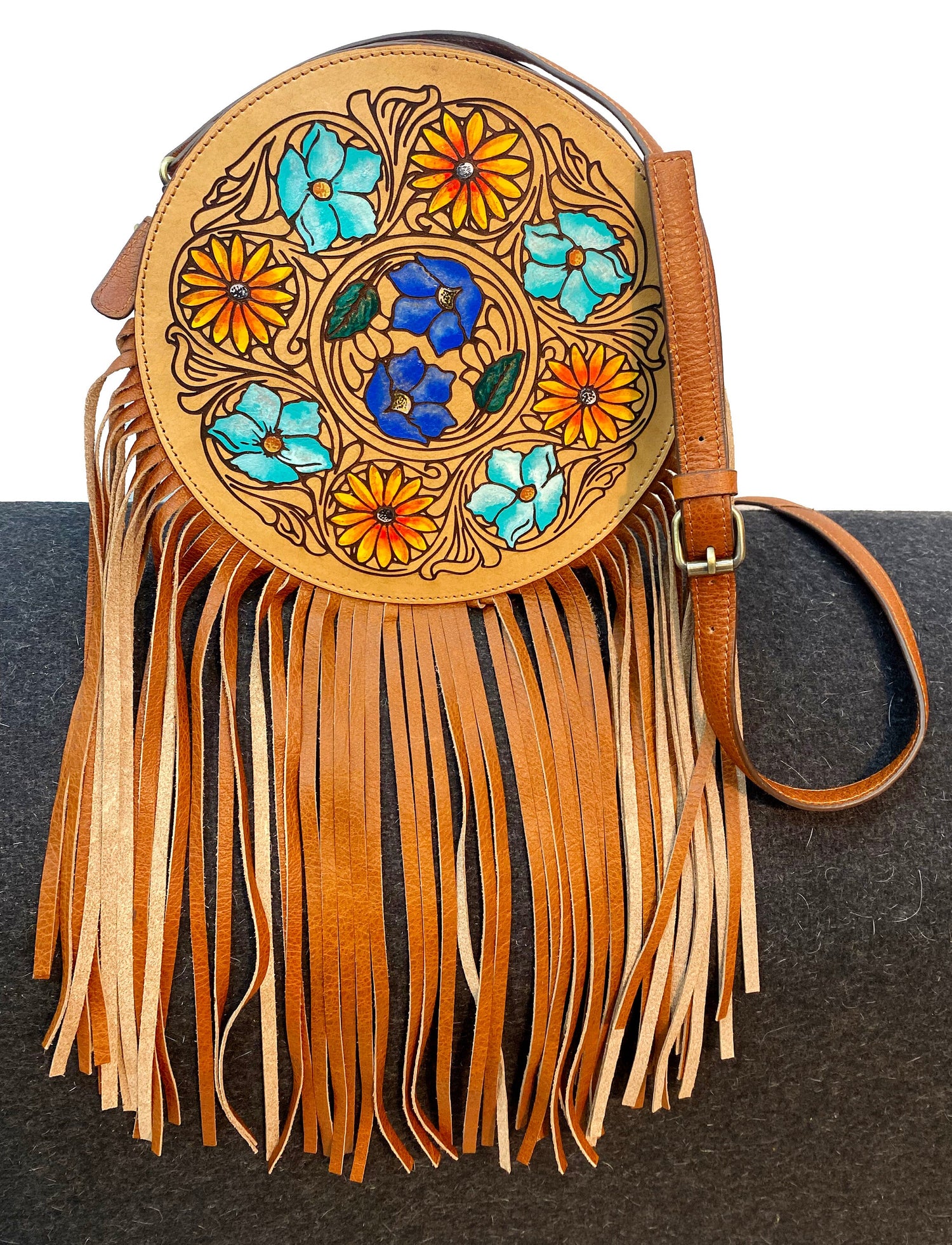MOUSM Full Grain Cow Hide Leather Crossbody Bag - Small Round Ladies Bag Decorated with Hand-Painted Flower and Leaf Carving with Leather Fringe, High-Quality Zipper Closure with Removable and Adjustable Strap