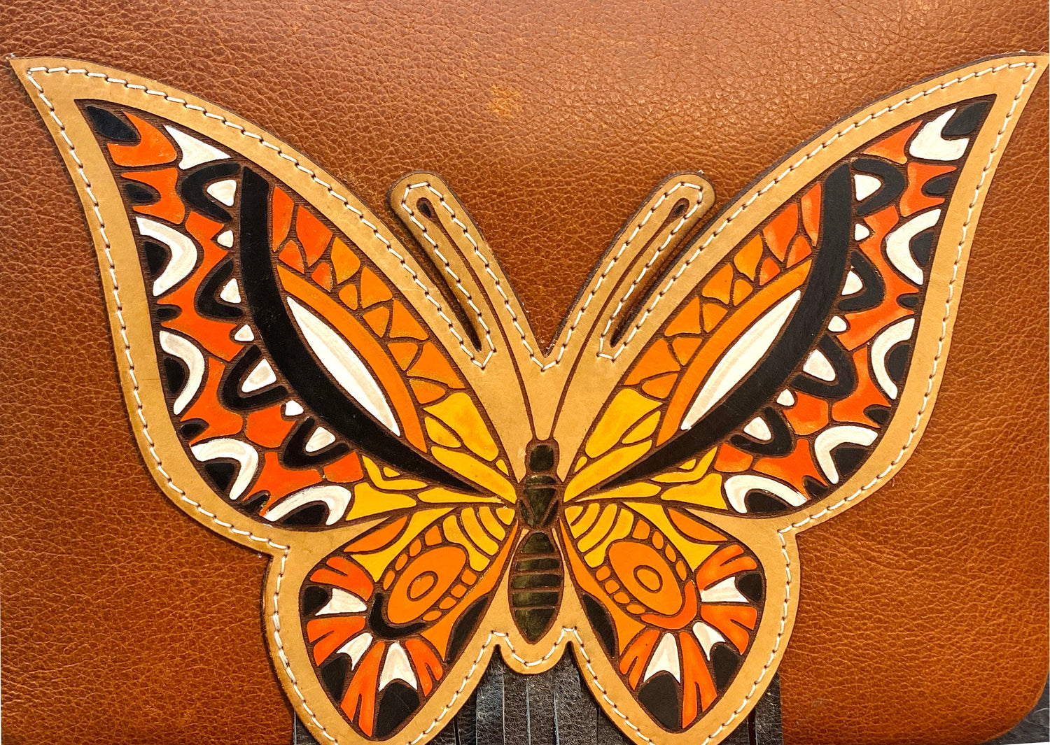 MOUSM Top Grain Genuine Leather Shoulder Bag - Ladies Purse Decorated with Hand-painted Butterfly Patch Carving &amp; Fringe, High-Quality Zipper Closure with Removable and Adjustable Strap