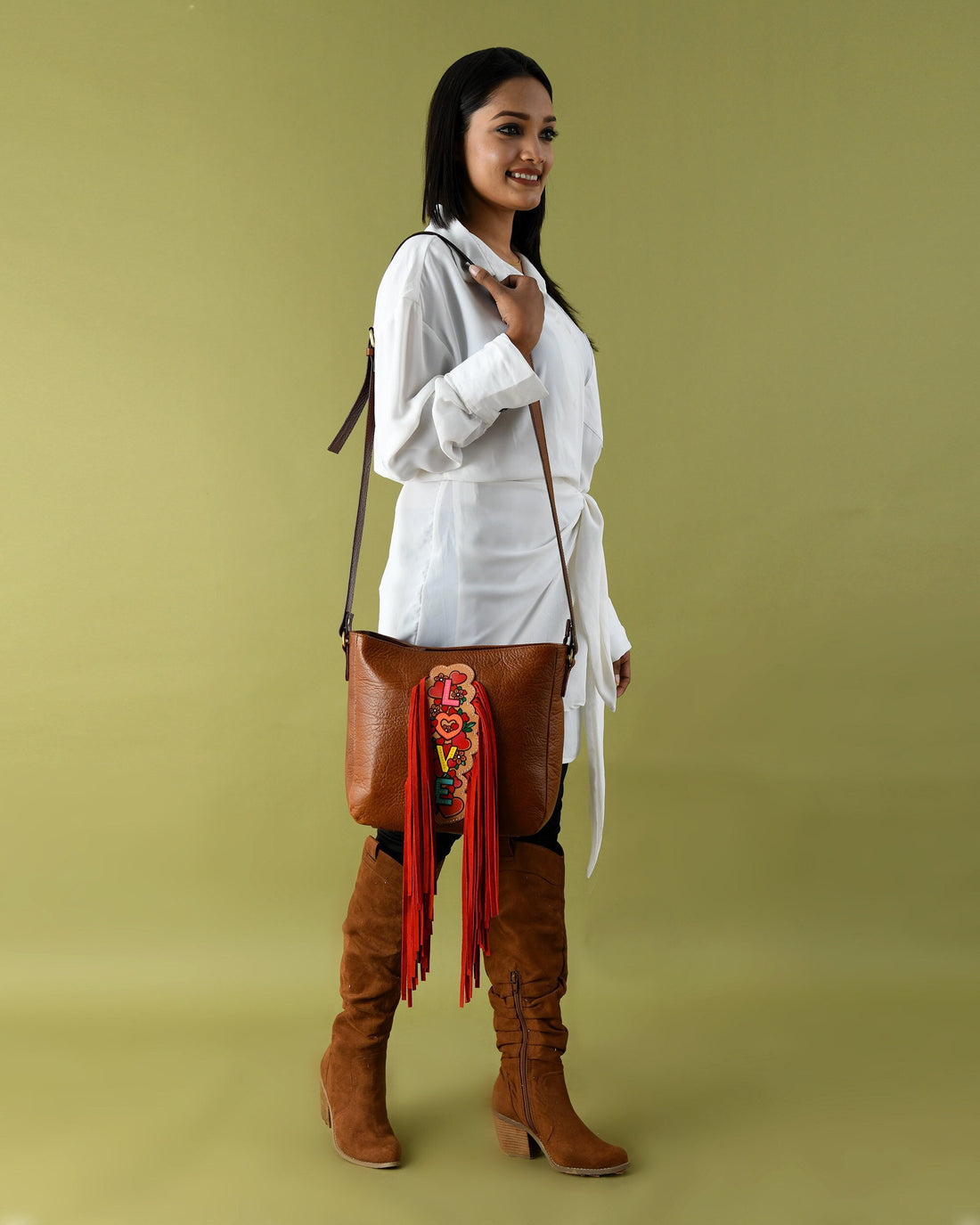 MOUSM Top Grain Cow Hide Leather Shoulder Bag - Leather Bag with Hand-Painted Colorful LOVE Text Patch with Long Red Fringe, High-Quality Zipper Closure and Adjustable Strap