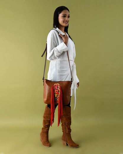 MOUSM Top Grain Cow Hide Leather Shoulder Bag - Leather Bag with Hand-Painted Colorful LOVE Text Patch with Long Red Fringe, High-Quality Zipper Closure and Adjustable Strap