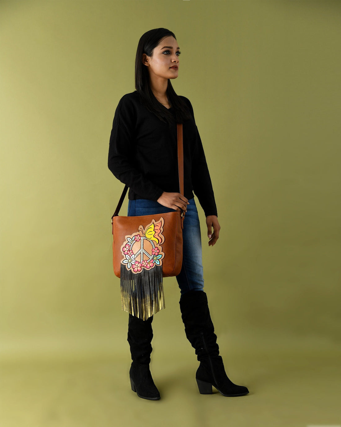 MOUSM Genuine Cow Hide Leather Shoulder Bag for Women - Ladies Bag with Hand-Painted Peace-Off Sign, Beautiful Flower Carving Patch Decorated with AB Rhinestones &amp; Metallic Fringe, High-Quality Zipper Closure and Adjustable Strap