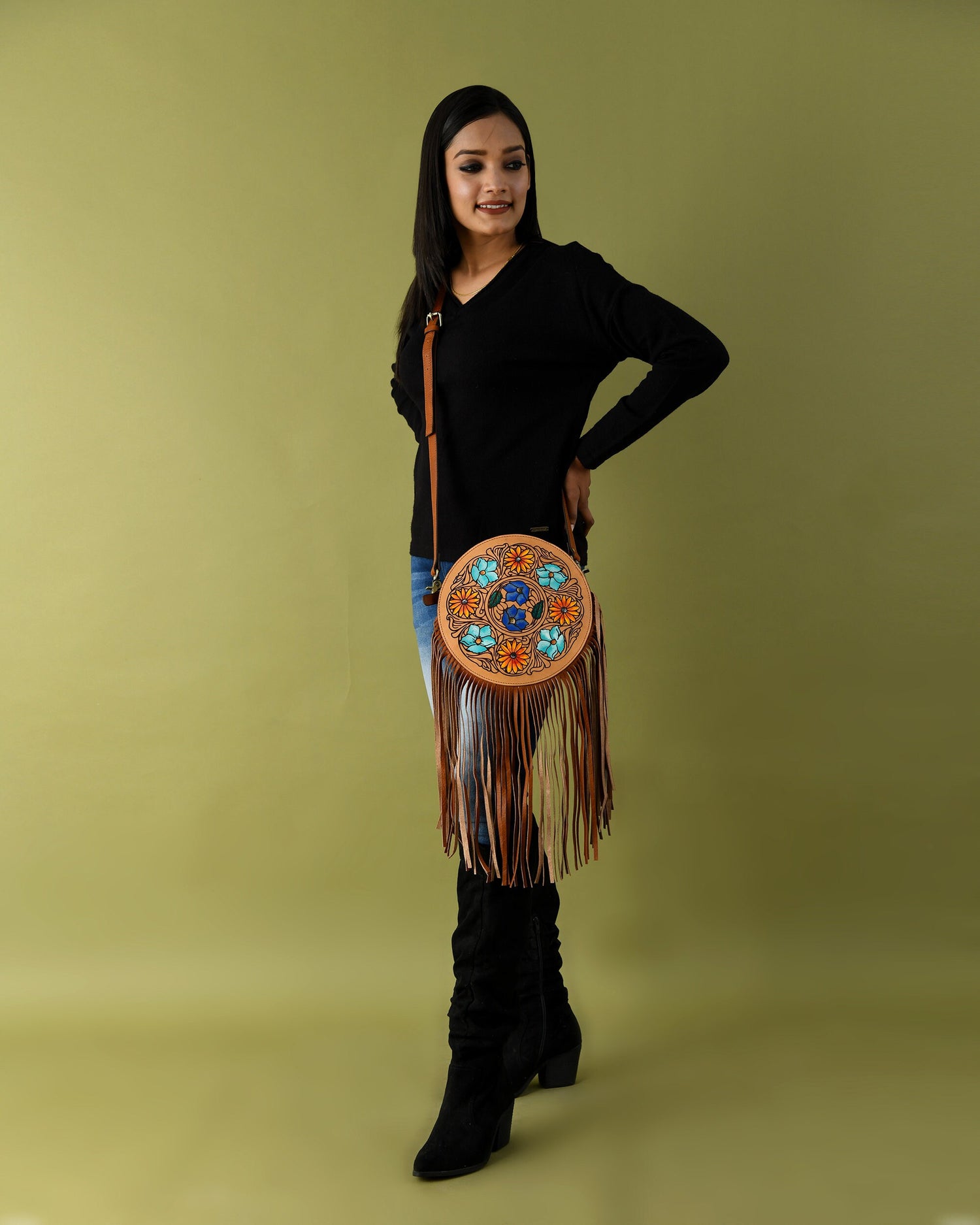 MOUSM Full Grain Cow Hide Leather Crossbody Bag - Small Round Ladies Bag Decorated with Hand-Painted Flower and Leaf Carving with Leather Fringe, High-Quality Zipper Closure with Removable and Adjustable Strap