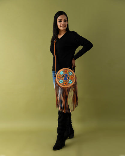 MOUSM Full Grain Cow Hide Leather Crossbody Bag - Small Round Ladies Bag Decorated with Hand-Painted Flower and Leaf Carving with Leather Fringe, High-Quality Zipper Closure with Removable and Adjustable Strap