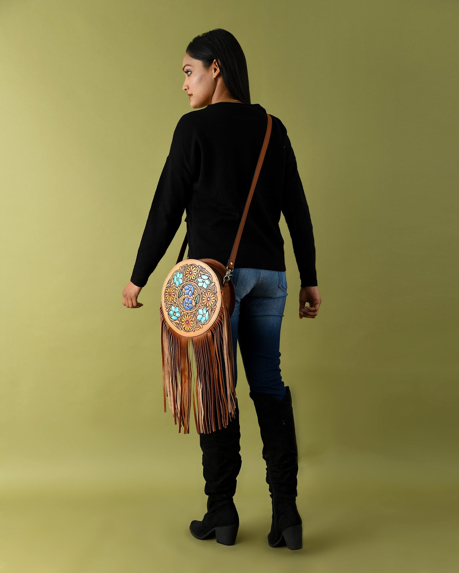 MOUSM Full Grain Cow Hide Leather Crossbody Bag - Small Round Ladies Bag Decorated with Hand-Painted Flower and Leaf Carving with Leather Fringe, High-Quality Zipper Closure with Removable and Adjustable Strap