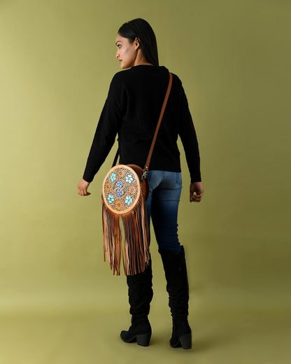 MOUSM Full Grain Cow Hide Leather Crossbody Bag - Small Round Ladies Bag Decorated with Hand-Painted Flower and Leaf Carving with Leather Fringe, High-Quality Zipper Closure with Removable and Adjustable Strap