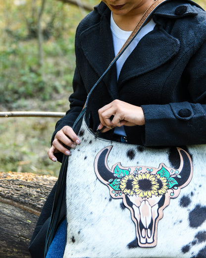 MOUSM Genuine Cowhide Leather Shoulder Bag for Women - Colorful Bull Head Print Patch on Real Hair-On  Cow Hide Front with Long Black Leather Fringe Both Sides, High-Quality Zipper Closure